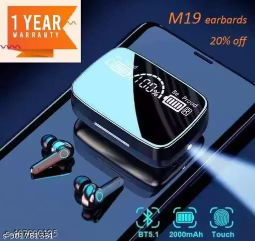 M19 TWS Wireless Headphones with Touch Control With Flashlight Bluetooth Headset (Black, True Wireless)